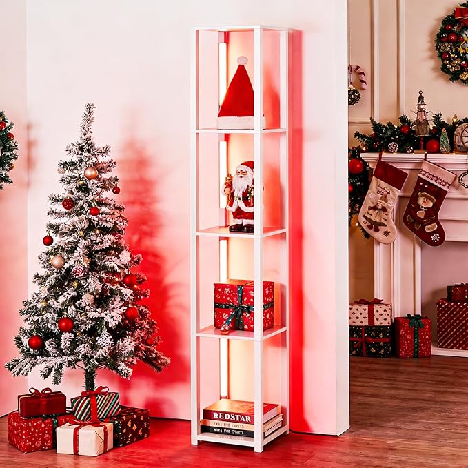 RGBCW Floor Lamp with Shelves, Smart Modern Floor Lamp with Music Sync, LED Color Changing Corner Display Shelf Lamp, Tall Lamps for Living Room and Bedroom, Bookshelf Lamp, White