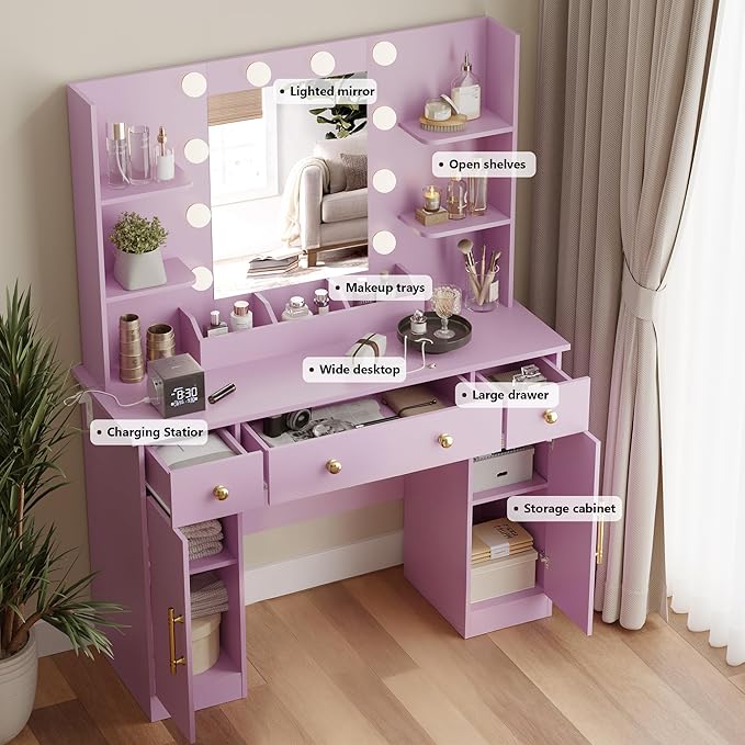 Makeup Vanity Desk with Mirror and Lights, 43" Purple Vanity Set with 3 Drawers, Power Outlet & Adjustable RGB LED Lights, Dressing Table with Storage Shelf for Women & Girls Bedroom