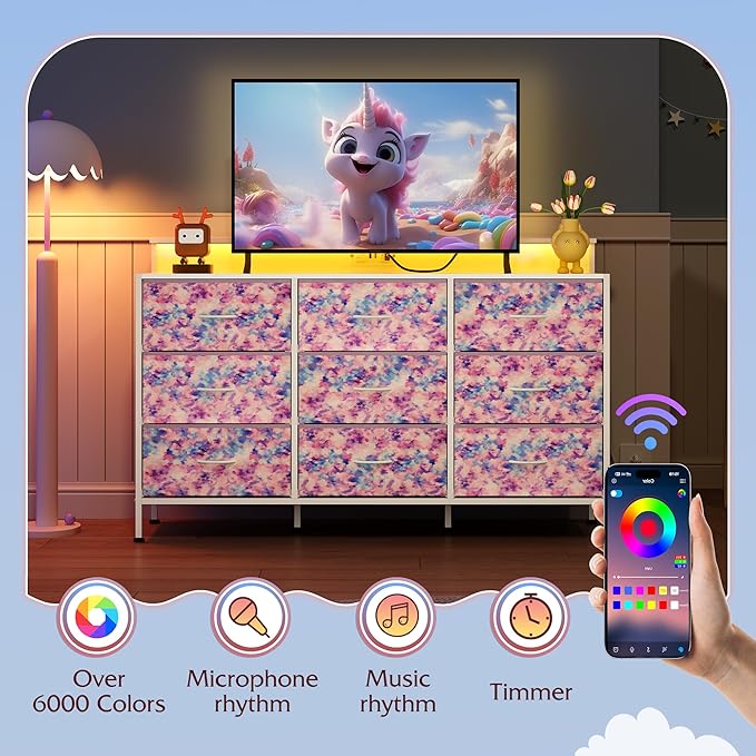 WLIVE Dresser TV Stand for 45, 50, 55 inch TV, Entertainment Center with LED Lights & Charging Station, Chest of Drawers with 9 Fabric Drawers and Open Shelves for Living Room, Tie-dye Purple Print