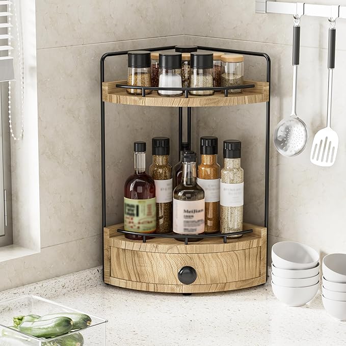 2-Tier Corner Bathroom Countertop Organizer with Drawer, Wooden Vanity Organizers for Makeup and Skincare Storage, Corner Counter Shelf with Embedded Screw Holes, Light Brown