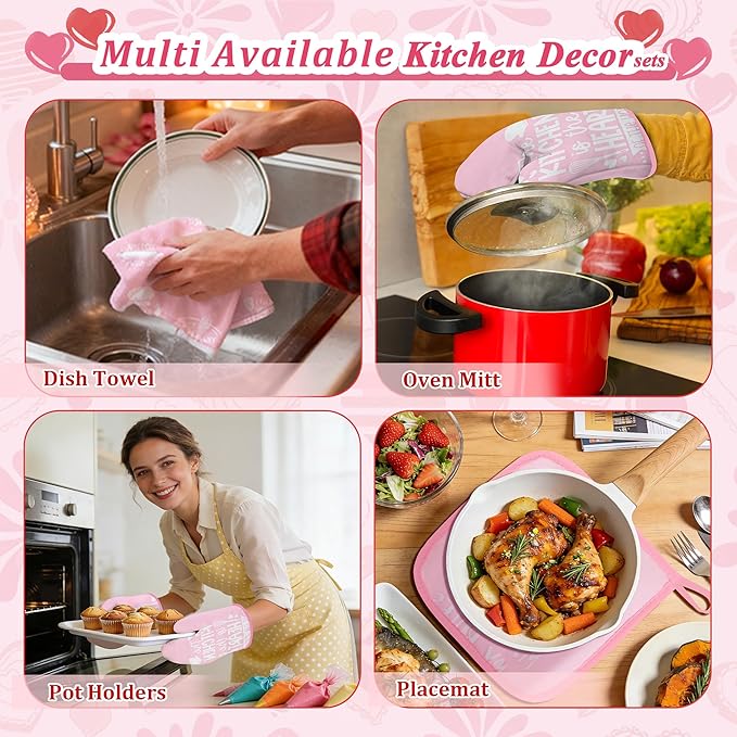 8 Pcs Pink Kitchen Decor Set 4 Pink Kitchen Dish Towels 2 Oven Mitt 2 Pot Holders for Kitchens Cooking Baking Spring Valentine's Day Decoration Farmhouse Housewarming Accessories Mom Gifts