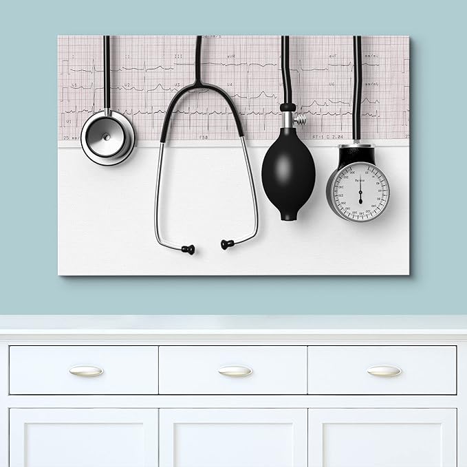 wall26 Canvas Print Wall Art Doctor Stethoscope Blood Pressure Pump Medical & Hospital Health Photography Realism Fitness Therapeutic Colorful Decorative for Living Room, Bedroom, Office - 16"x24"