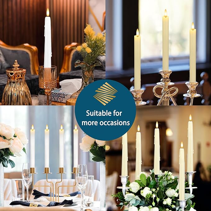 Dripless Flameless Taper Candles with Remote, Real Wax Battery Operated LED Candles Set with 3D Flickering Flame, 3Pcs White 9.6" Realistic Candlesticks as Mothers Day Gifts, Gifts for Mom