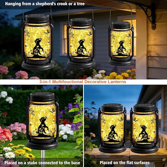 Solar Dog Butterfly Lanterns Outdoor Waterproof - Dog Lover Gifts for Women Mom Grandmom Birthday Mothers Day, LED Hanging Mason Jar Fairy Lights for Garden Yard Patio Decor