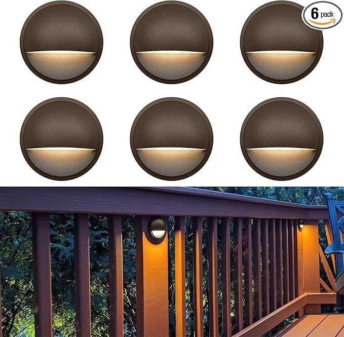 GKOLED Low Voltage LED Deck Lights, 12V AC/DC Landscape Step Railing Fence Light, 2W 2700K Accent Lighting Fixture, Die-cast Aluminum, Dark Brown, 6-Pack