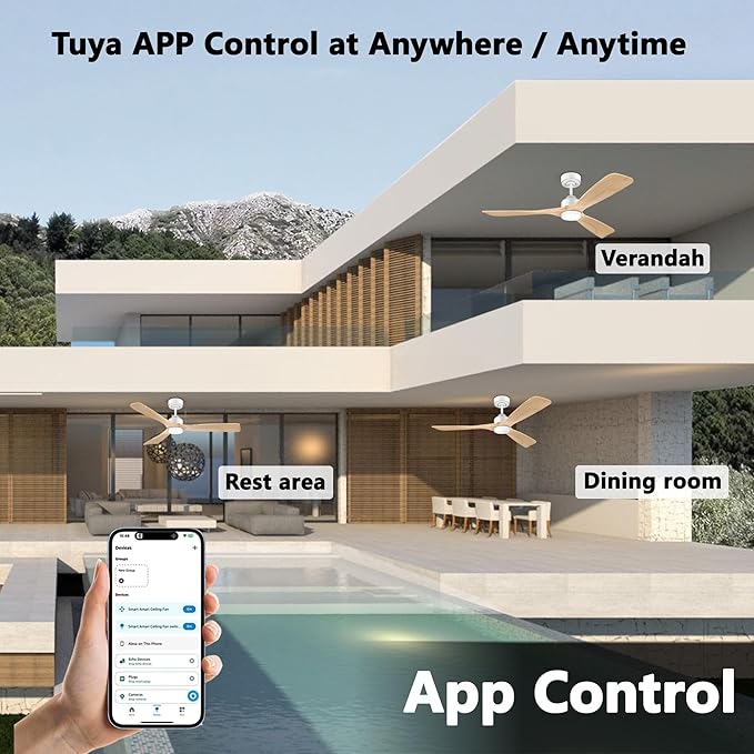 52 Inch Wood Smart Ceiling Fans with Lights Remote,Voice Control via WIFI Alexa App,Quiet DC Motor,Outdoor Indoor Ceiling Fan,Dimmable,Modern Light Wood Lighting & Fan for Bedroom Patio Porch