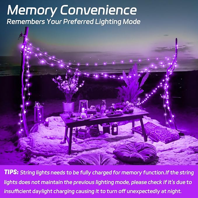 Solar Fairy Lights Purple Outdoor Waterproof, 16.4ft 50LED Halloween String Lights for Outside, 8 Modes, 2 Packs for Patio Backyard Garden Decorations