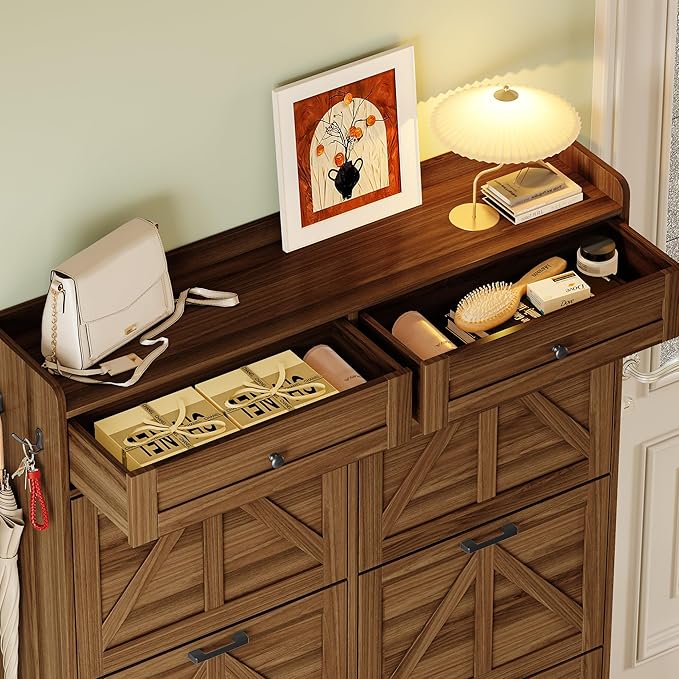Shoe Cabinet for Entryway, Farmhouse Shoe Storage Cabinet with 6 Flip Drawers and 2 Top Drawers, Tall Narrow Shoe Organizer Cabinet with Adjustable Shelves, Side Hooks and Anti-Tip Kit