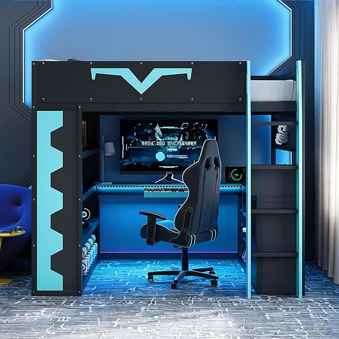 Full Size Gaming Loft Bed with Integrated Desk & RGB LED Lights,Bunk Bed with Power Outlet, Large Bookshelf, Pegboard, Keyboard Tray & Drawer (Blue-Bo, Full)