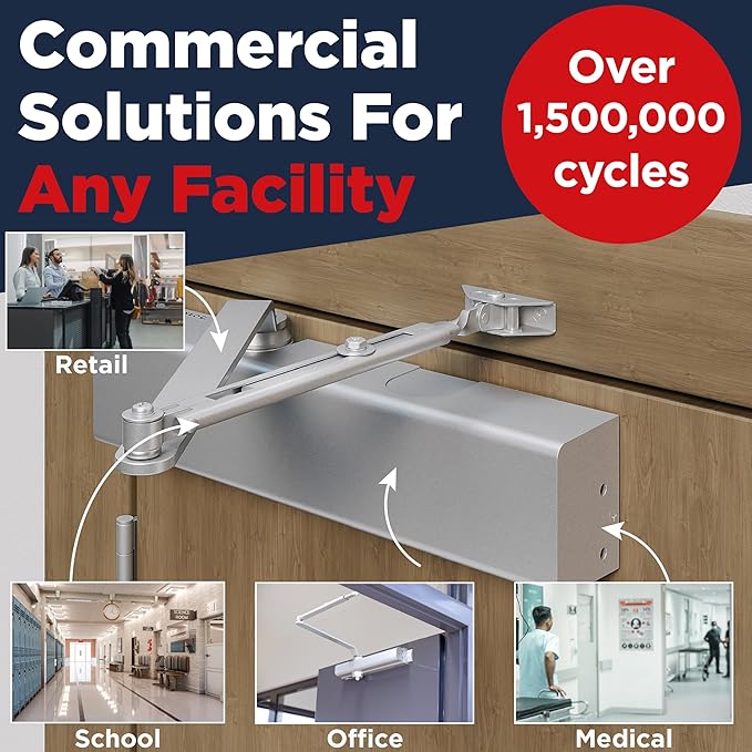 Heavy Duty Commercial Door Closer, ADA UL Grade 1 Listed Automatic Self Closing Door Hinges, Door Closers Commercial High Traffic, Auto Door Closer, Hydraulic Spring Soft Close (Silver)