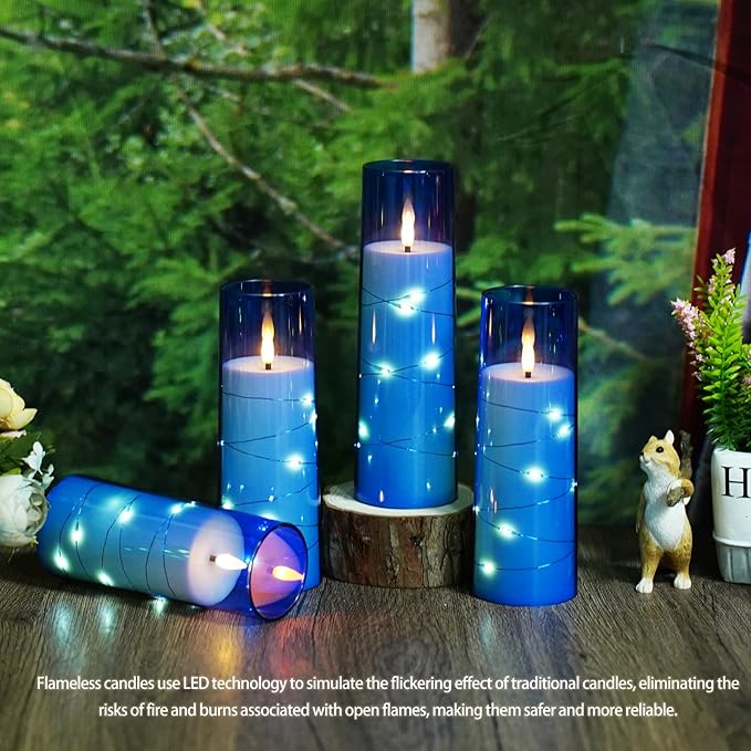 Flameless Candles with Embedded Star String, Battery Operated LED Pillar Candles with Timer and Remote Control,Home Decorating for Ambiance， Set of 7 (Blue)