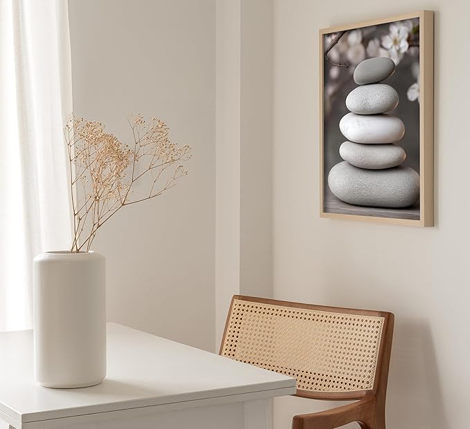 ZHJIOFXG 3 Piece Zen Canvas Wall Art Stacked Stones Cherry Blossom Candle Spa Wall Decor Calming Minimalist Neutral Poster Print Art for Bathroom Bedroom Yoga Room Office Living Room 16x24in Unframed