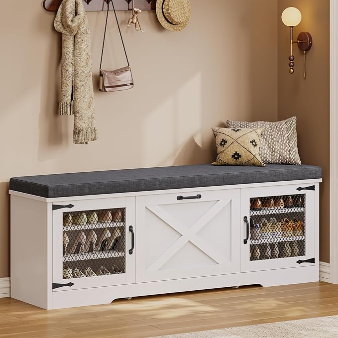 Farmhouse Storage Bench with Flip Drawers & Padded Seat Cushion, Half Hidden Shoe Rack Organizer, Adjustable Shelf Shoe Cabinet for Entryway, Bedroom, Living Room (White, 57IN)