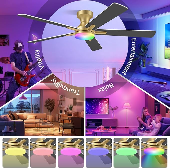 52 Inch Ceiling Fans with lights,RGB Low Profile Ceiling Fan with Light and Remote Control,Modern Flush Mount Ceiling Fans for Bedroom,Patio,Porch,Outdoor Indoor Use,in Black White and Gold,Quiet