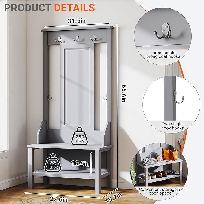65" Farmhouse Hall Tree with Bench - 3-in-1 Entryway Organizer: Shoe Rack, Coat Hooks & Storage Shelves for Mudroom, Hallway (Gray)