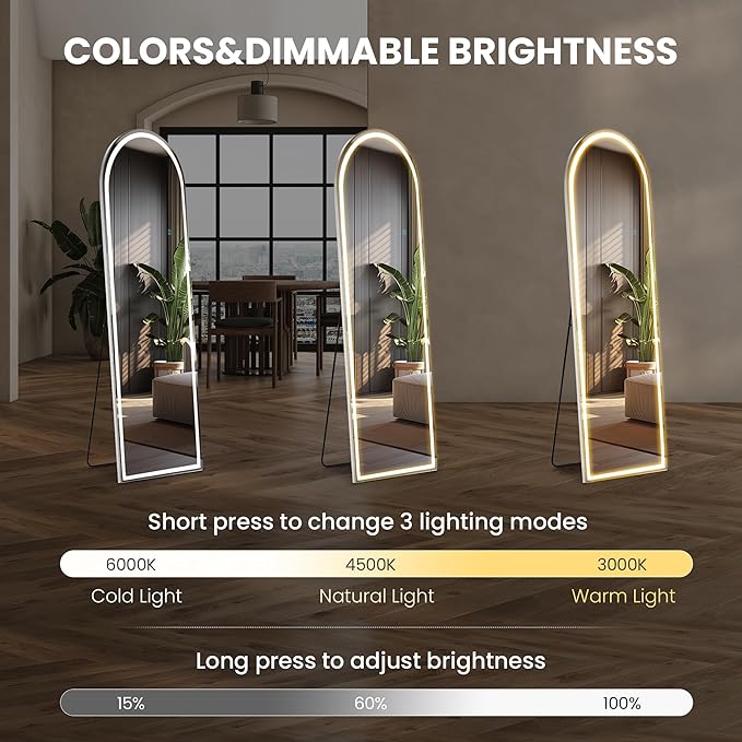 Sweetcrispy Arched Full Length Mirror with LED Lights, 61"x17" Lighted Floor Mirror with Dimming & 3 Color Lighting, Stand for Bedroom, Dressing Room