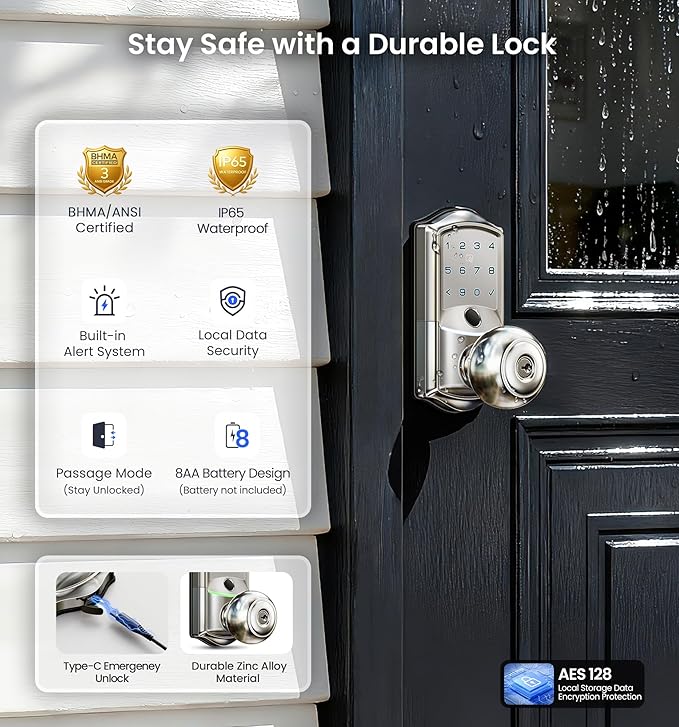 Veise VE028 Built-in Wi-Fi Smart Lock with Knob, Fingerprint Keyless Entry with Handle, App Remote & Voice Control, Electronic Digital Keypad for Front Door and Bedroom, IP65 Waterproof, Satin Nickel