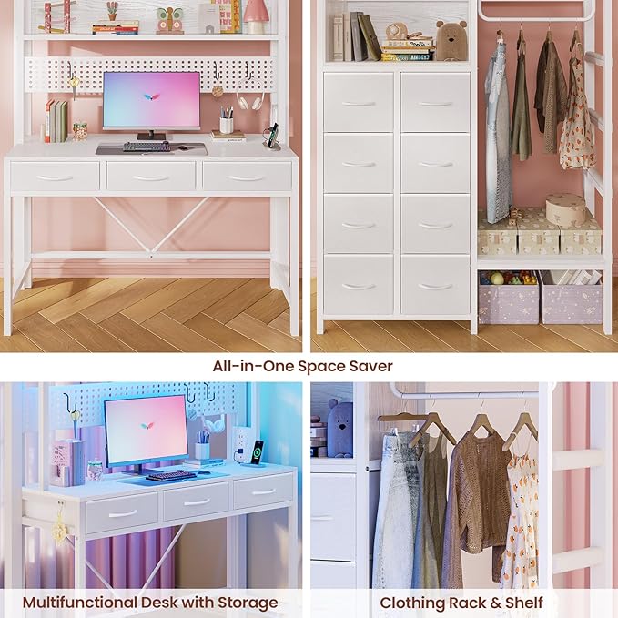 ADORNEVE Twin Size Loft Bed with Desk, 11 Storage Drawers & RGB LED Lights, Metal Loft Bed with Power Outlet, Shelves & Clothing Rack, 13.4" H Safety Guard & Paded Ladder, White
