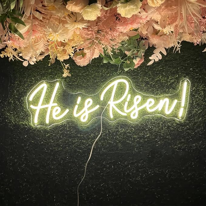 He is Risen LED Neon Signs for Wall Decor Neon Wall Art Acrylic LED Lights with Hanging Chain Light Up for Bedroom Decor Graduation Bar Pub Wedding Party 5V USB Powered Dimmable