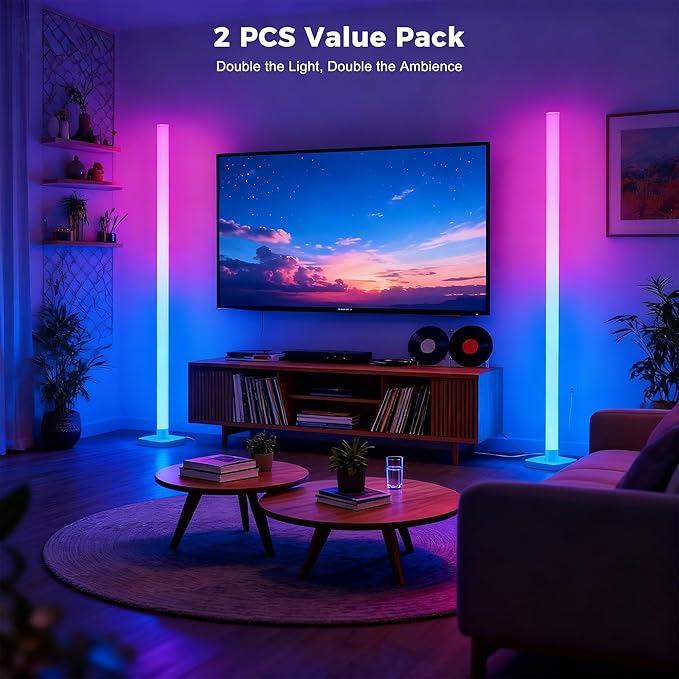 2 Pack DIY Corner Floor Lamps, ICRGB Floor Lamp with Music Sync and 16 Million Colors, Color Changing Standing Floor LED Lights for Bedroom Living Room Decor, Ambient Mood Lighting Gaming