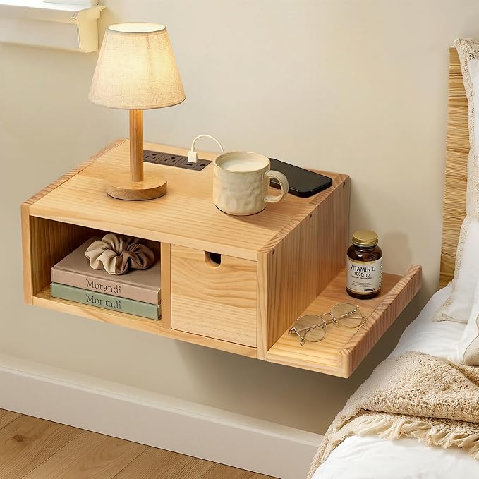 Afuly Floating Nightstand with Charging Station, Wall Mount Night Stand with Drawer Hanging Bedside Table End Table, Solid Wood Modern Side Table Shelf for Bedroom Natural Wooden Decor