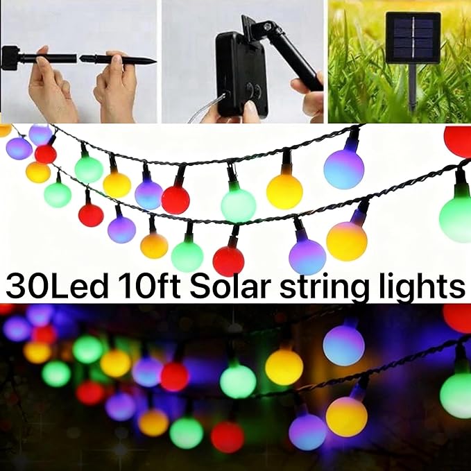 Solar String Lights Outdoor Waterproof, 30 LED 9.8Ft Total, Solar Powered Globe Patio Lights with 8 Lighting Modes for Garden Yard Porch Wedding Party Decor (Multicolor)