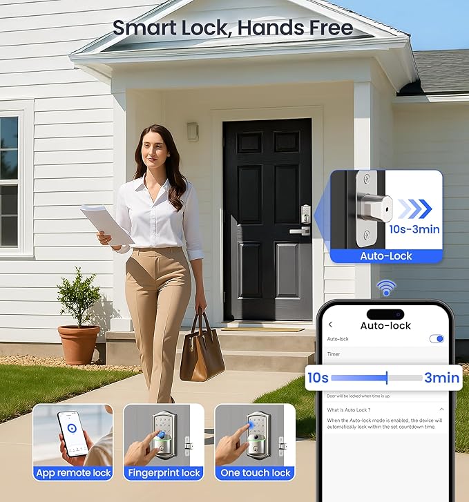 Veise VE027-L Built-in WiFi Smart Lock with Handle, Fingerprint keyless Entry Door Lock Set, App Remote & Voice Control, Electronic Deadbolt for Front Door, Touchscreen Keypad, Auto Lock, Satin Nickel