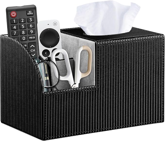 Fanousy Tissue Box Cover Square with Storage, PU Leather Cube Tissue Box Holder, Multifunction Remote Control Nightstand Organizer, Modern Desk Caddy for End Table, Bathroom, Home, Office Decor