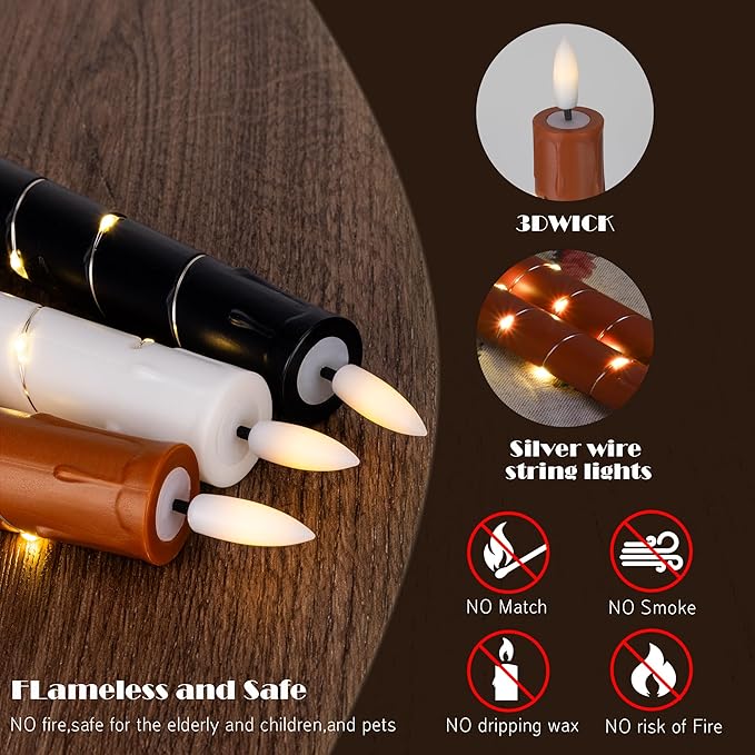 Flameless Taper Candles with Remote for Romantic Decorations，3D Flickering Flame Battery Operated LED Candles Arounded with Starlight String for Home Decoration, Pack of 6, Reddish Brown