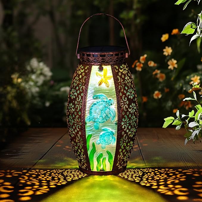 Outdoor Solar Lantern-Waterproof Turtles Hanging Metal Decorative Lights for Patio Table Garden Pathway Yard with Super Bright Warm White LED,Large Solar Panels