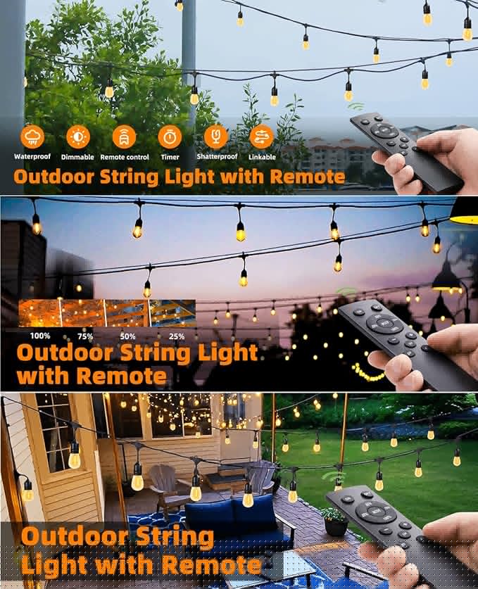 100FT Outdoor String Lights Remote Control Patio Lights Waterproof Commercial Grade, 30+2 Replaceable Dimmable Edison Bulbs, Black 1Pack, Linkable, Hooks and Zip Ties Included