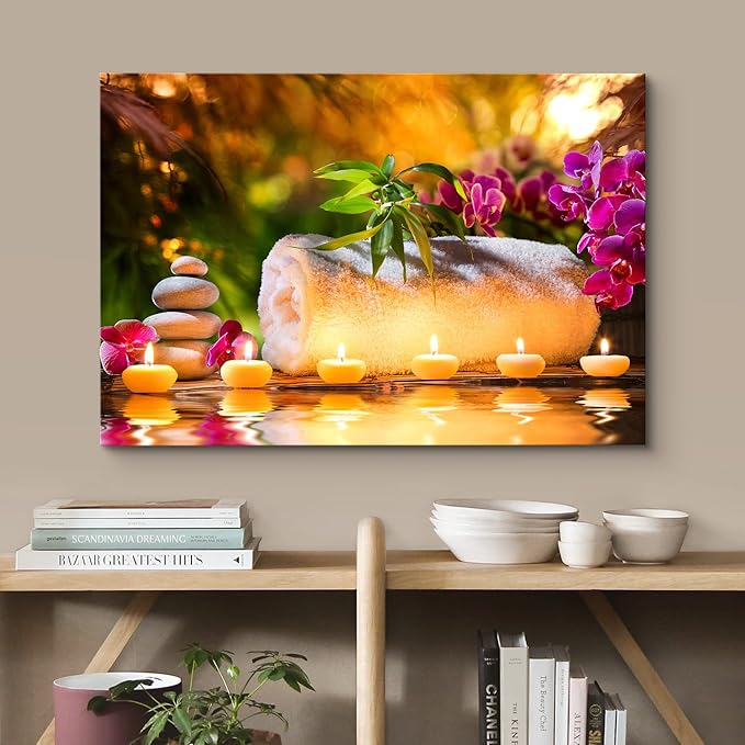 wall26 Canvas Print Wall Art Sunset Yoga Meditation Bath Towel Candle Orchids Nature Wilderness Photography Realism Rustic Landscape Colorful Multicolor for Living Room, Bedroom, Office - 24"x36"