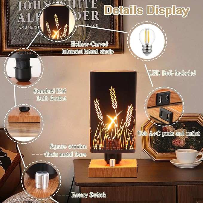 Industrial Table Lamp Sets of 2 with USB Ports and Outlet, Rustic Dimmable Bedside lamp with Charging Station, Metal Square Shadow Nightstand Lamp for Bedroom Living Room End Tables