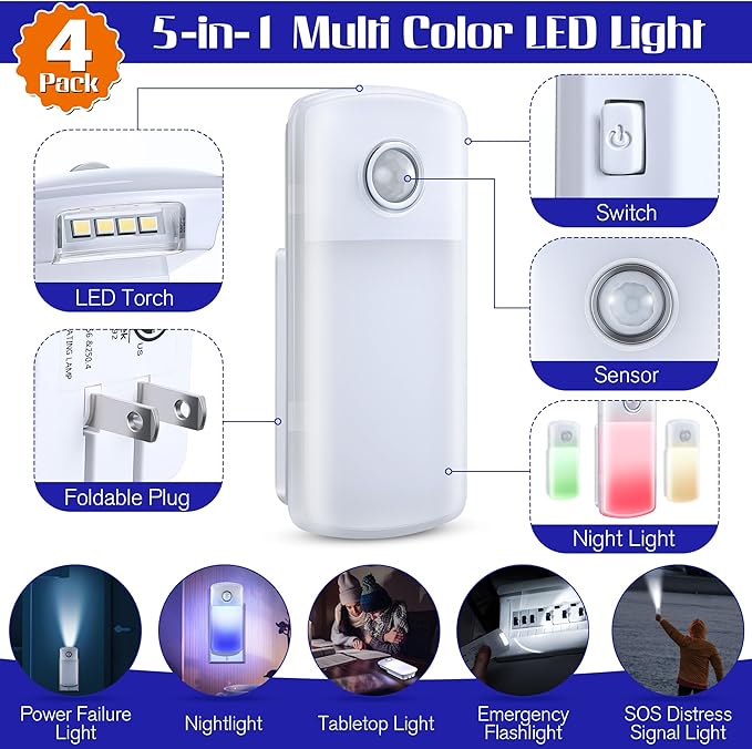 Enhon Emergency Power Failure Night Lights, 5-in-1 Multi Color LED Light, Rechargeable Flashlight with Foldable Plug, Automatic On Off Motion Sensor for Bedrooms, Hallways, Black Outs (4 Pack)