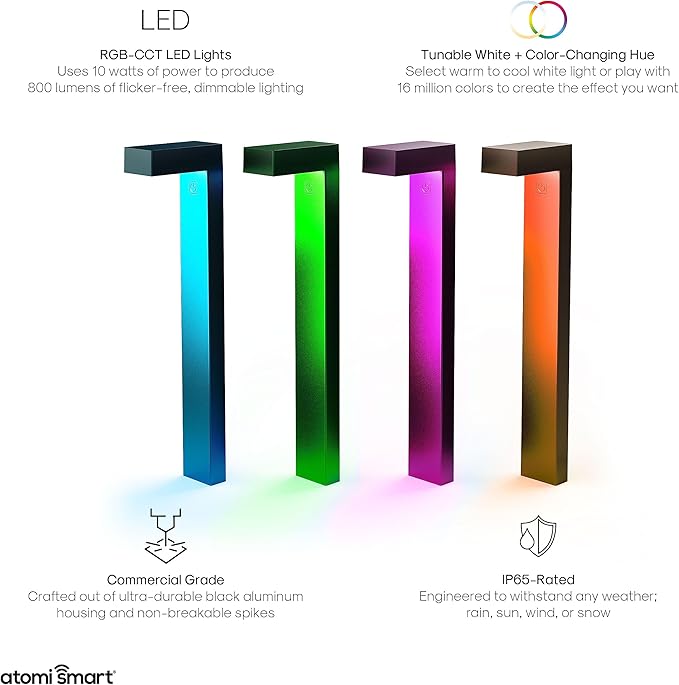 Atomi Smart WiFi LED Pathway Lights— 4-Pack Starter Kit, 800 Lumens, Tunable, Dimmable, Link up to 40 Lights, IP65-Rated, White and RGB 2500K-9000K, App Control, Works with Alexa and Google Assistant