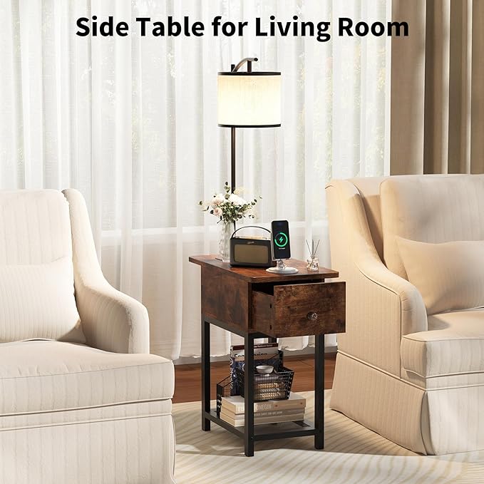Floor Lamp with Table, Side Table with Lamp Attached, Narrow End Table with LED Lights and Charging Station, Nightstand with Wood Drawer for Living Room, Bedroom, Rustic Brown