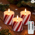 Christmas Candy Cane Stripe Flameless Pillar Candles, Real Wax Red and White Battery Operated Flickering Candles with Timer for Xmas Holiday Home Decoraction, Set of 3(3"x3")