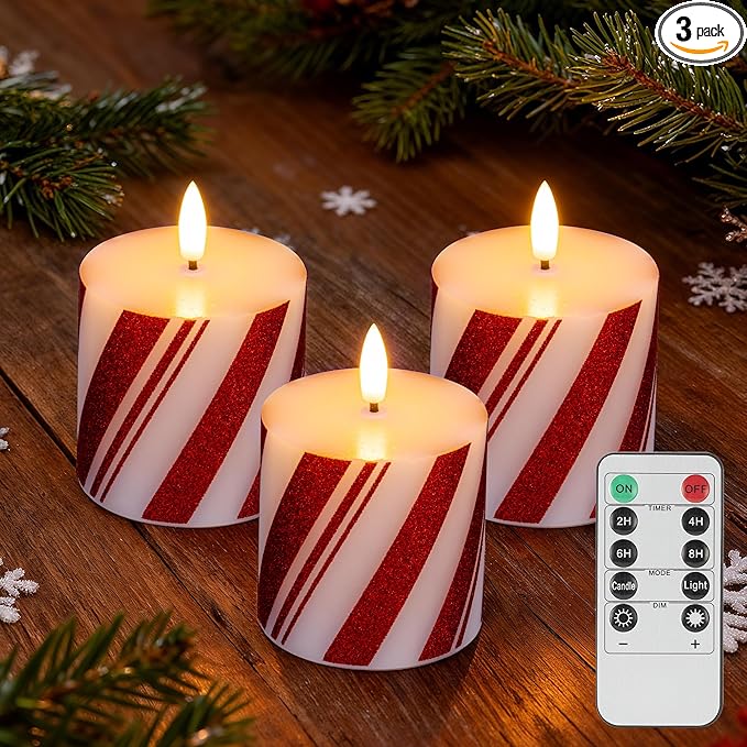 Christmas Candy Cane Stripe Flameless Pillar Candles, Real Wax Red and White Battery Operated Flickering Candles with Timer for Xmas Holiday Home Decoraction, Set of 3(3"x3")