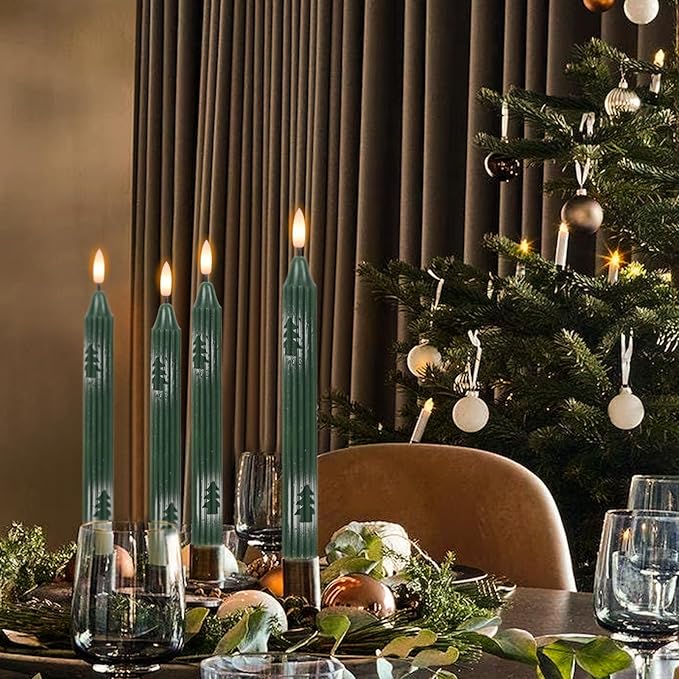 Wondise Christmas Flameless Taper Candles with Remote and Timer, Battery Operated 3D Wick Real Wax LED Candles with Painted Christmas Tree 6 Packs for Christmas Holiday Decor(0.78 x 9.45 Inch)
