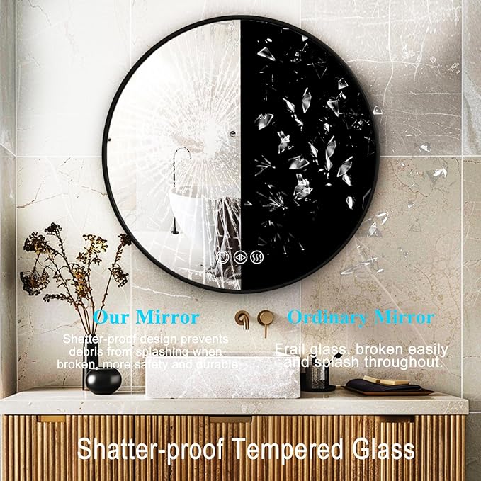 Round Bathroom Mirror with Lights, 36x36 Inch Vanity Mirror with Backlit, Anti-Fog, 3 Colors and Stepless Dimmable Wall Mounted Makeup Mirror with Metal Frame (Black)