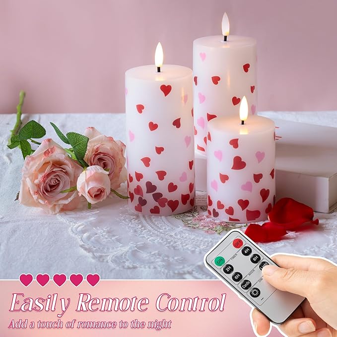 Flameless Pillar Candles with Remote, 3 Pack Battery Operated Real Wax LED Candles, Perfect for Home Decorations Fireplace Table, Heart Sticker