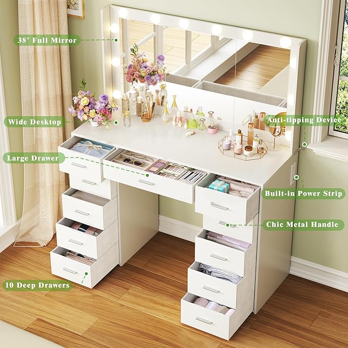 Large Vanity Desk with Mirror and Lights, 43.3" Makeup Vanity Desk with Lights, 3 Color Hollywood Bulbs, White Vanity with 11 Fabric Storage Drawers & Power Outlets for Bedroom Dressing Room