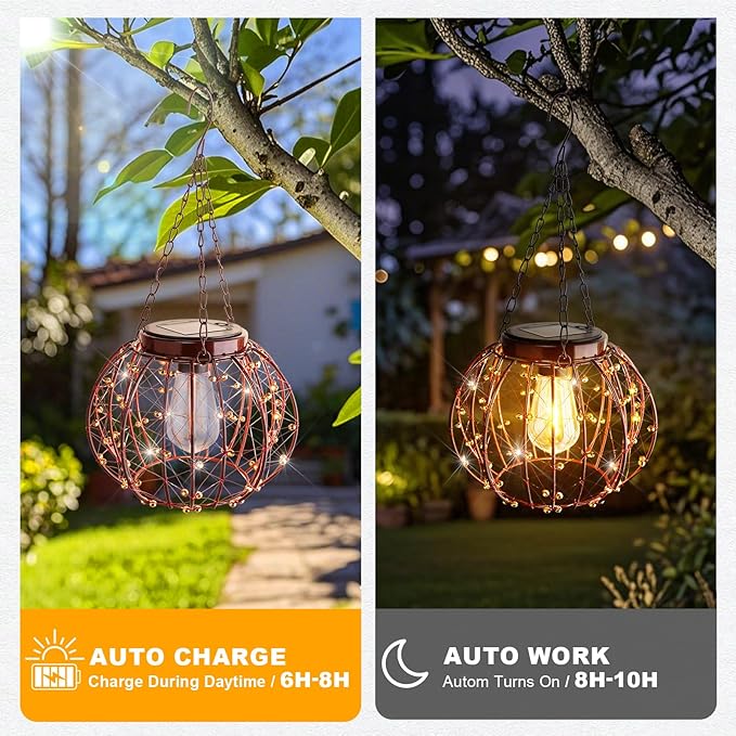 Hanging Solar Lanterns Outdoor Waterproof, Vintage Copper Hanging Lights, Solar Chandelier for Yard Garden Gazebo Pergola Porch Decor, 2 Pack