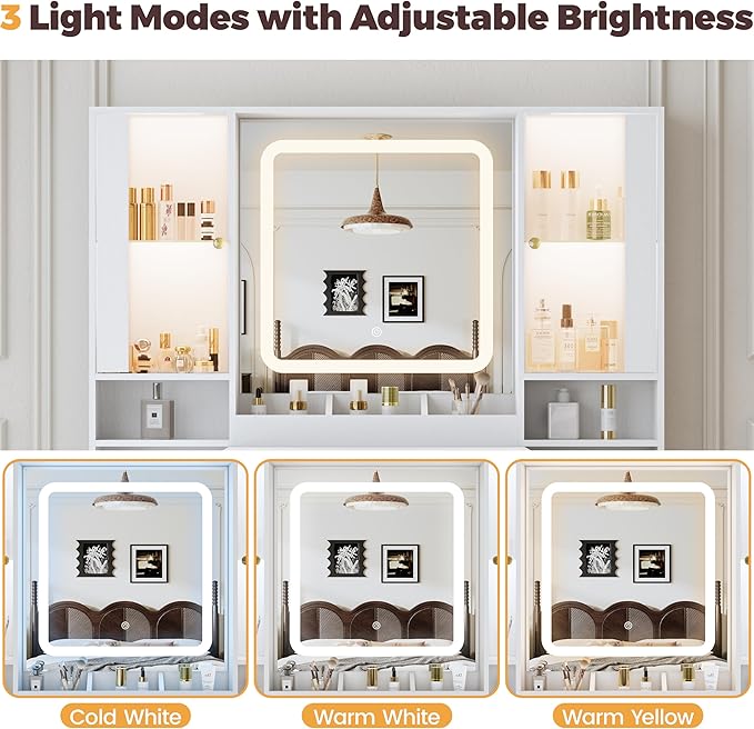 Vanity Desk with Mirror and Lights, Makeup Vanity with 7 Drawers, 2 Glass Door Cabinets, Charging Station, Adjustable Shelves, RGB Lighting, Hair Dryer Holder