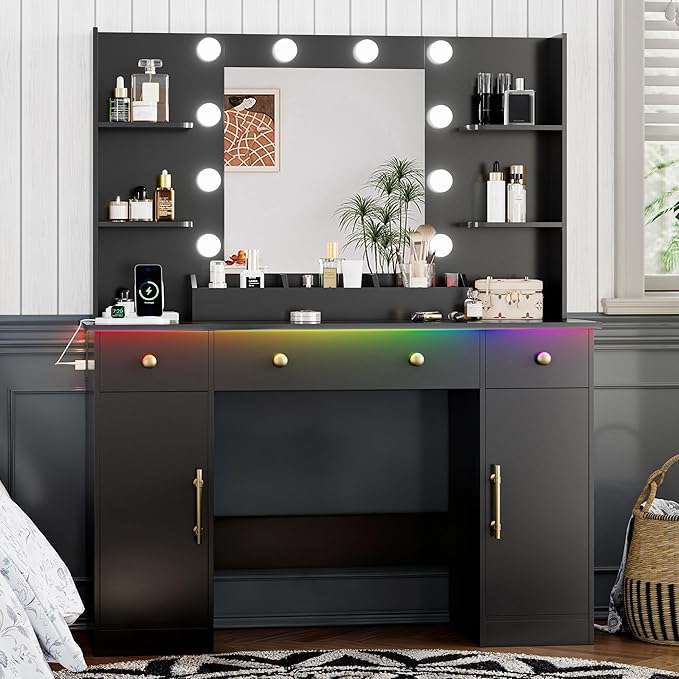 Vanity Desk with Mirror and Lights, 43'' Makeup Dressing Table Set with 5 Drawers & Power Outlet, 3 Lighting Modes Brightness Adjustable, Vanity with RGB Ambient Light for Women Girls Bedroom, Black