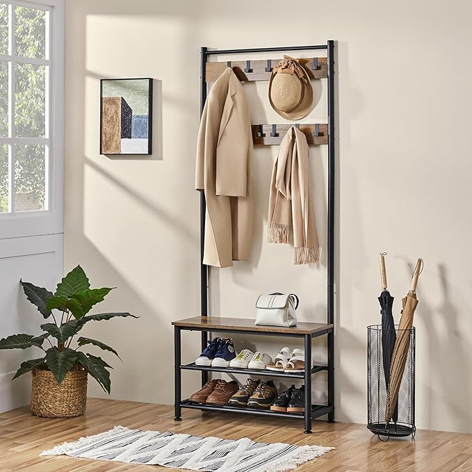 Yaheetech Coat Rack, 3-in-1 Hall Tree with Bench and Shoe Storage, Freestanding Entryway Bench with Coat Rack, Industrial Entryway Shoe Storage with 9 Hooks and 3 Shelves, Easy Assembly, Rustic Brown