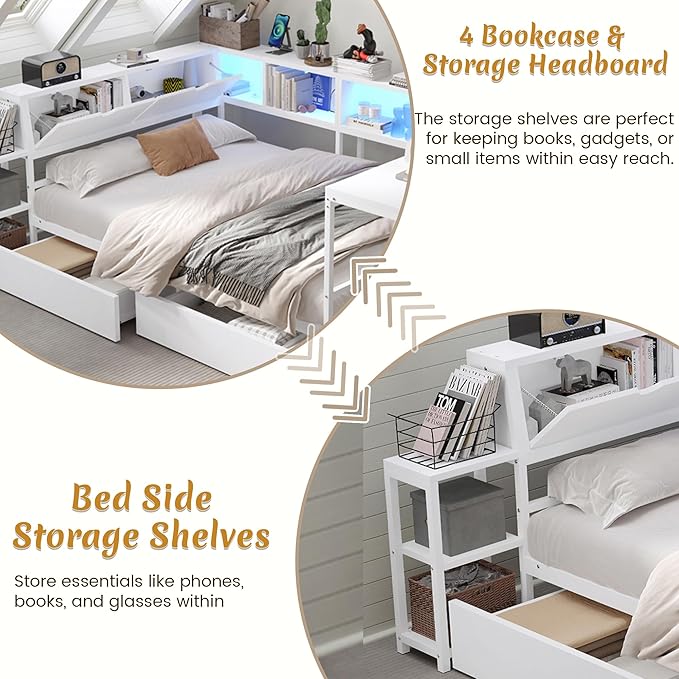 Full Corner Bed Frame with Desk, LED Lights & Charging Ports, L-Shaped Daybed with Storage Drawers, Bookcase & Open Shelves, Modern Full Size Daybed for Kids, Teens & Compact Bedrooms,White