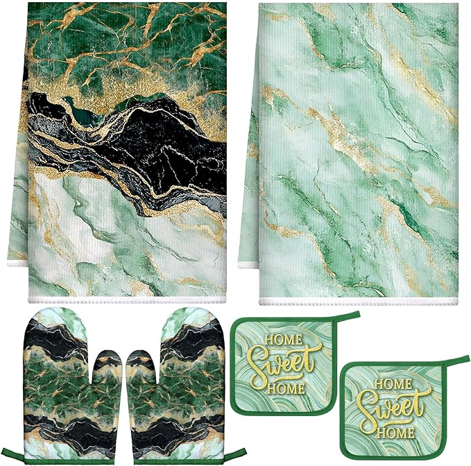 Bencailor 6 Pcs Marble Kitchen Decor Gold Pot Holders Oven Mitts 2 Dish Towels 2 Farmhouse Cooking Mittens Oven Glove and Potholder for Baking Cooking Grilling Supply Accessories(Green)