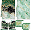 Bencailor 6 Pcs Marble Kitchen Decor Gold Pot Holders Oven Mitts 2 Dish Towels 2 Farmhouse Cooking Mittens Oven Glove and Potholder for Baking Cooking Grilling Supply Accessories(Green)