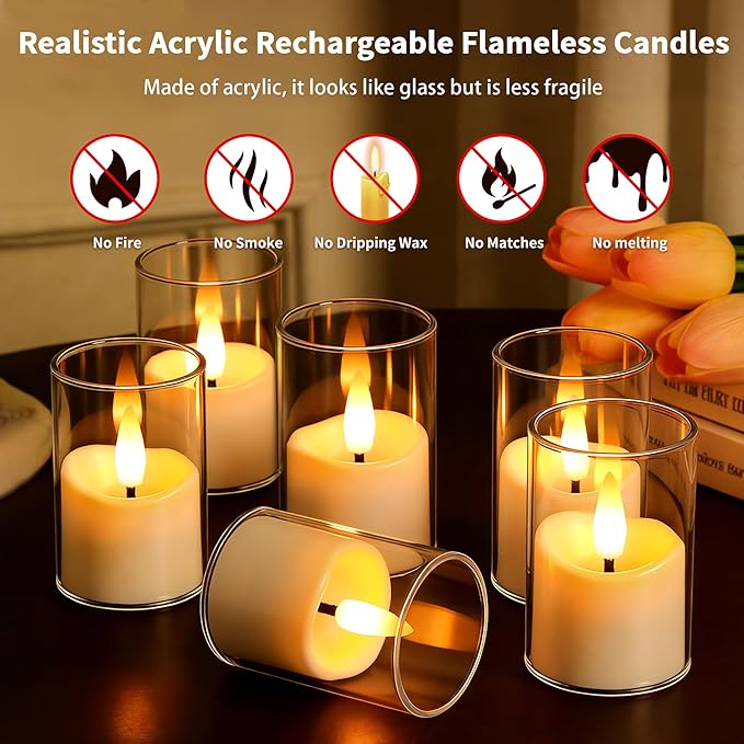 Rechargeable Flameless Candles with Timer Remote, 1.7"x2.6" Clear Acrylic LED Tea Lights Candles，Small Votive Electric LED Candles for Home Aniversary Wedding Holiday Decor(6 Pack)